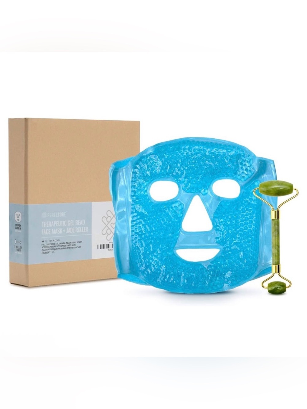 Perfecore Therapeutic Reusable Gel Bead Hot & Cold Face Mask w/ Jade Roller blue